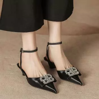 H683-1 Silver high-heeled sandals half-bag head empty women s shoes special heel large rhinestone buckle pointed shoes children 34