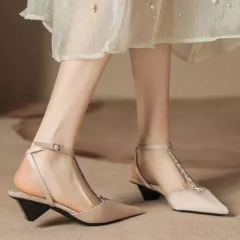 H683-3 Nude high-heeled sandals women s satin one-word diamond strap anti-heel shoes women s alien heel half-bag head 34 чёрный