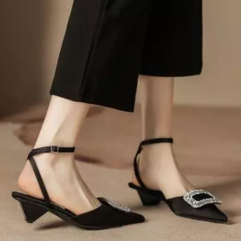 H683-6 Half Baotou Backspace High Heel Sandals Big Water Diamond Ornament Heterosexual Root Personality Summer Sandals Temperament Small Fragrant Wind 34 чёрный