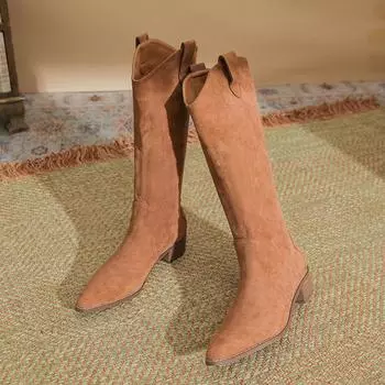 H735-1 Comfortable solid color autumn and winter suede thin fashion boots women s but knee pointed thick heel temperament women s boots new 35 чёрный