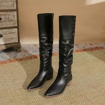 H735-2 осенне-зимний дизайн, чувство, Spice girl, сапоги, женские однотонные, высокие, плиссированные, с боковыми пуговицами, классические модные сапоги 35 коричневый
