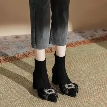 H768-11 niche bow mid-tube autumn and winter short boots new trendy mid-tube socks boots temperament personalized women s boots suede 35