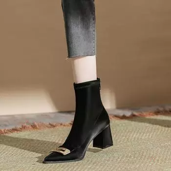 H768-3 autumn and winter new high mercerized suede fashion boots pointed thick heel metal buckle women s boots medium tube rear zipper women 35 чёрный