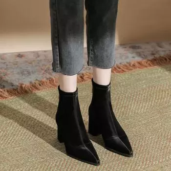 H768-5 boots women s high mercerized suede medium tube new breathable autumn and winter women s boots light luxury pointed thick heel fashion boots 35