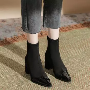 H768-7 retro autumn and winter fashion boots pointed head thick heel medium tube short boots color matching fashion light luxury short boots women 35