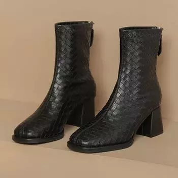 H793-13 Woven plaid boots women s autumn and winter temperament trendy short boots rear zipper light luxury thick heel women 35