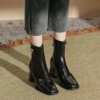 H793-2 Design Sense Women s Leather Boots Sewing Line Square Head Thick Heel Women s Boots Fashion Martin Boots Medium Tube Autumn and Winter New 35