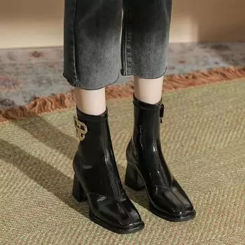 H793-6 autumn and winter new medium boots children s retro square head thick heel metal decorative Martin boots sewn line short boots 35