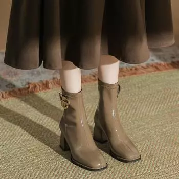 H793-6 autumn and winter new medium boots children s retro square head thick heel metal decorative Martin boots sewn line short boots 35 чёрный