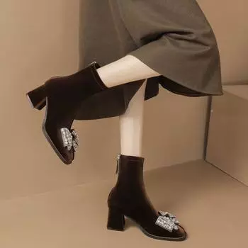 H793-8 высокие носки из мерсеризованной замши женские сапоги с большим бантом из страз и квадратной головкой на толстом каблуке женские сапоги знаменитости из Интернета такие же короткие сапоги 35 чёрный