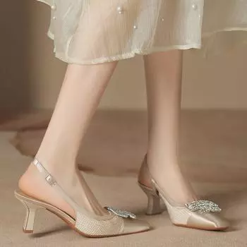 H838-5 Ice Silk Satin High Heel Sandals New Big Water Diamond Jewelry New Half Baotou Back Empty Shoes Womens Summer 34 чёрный