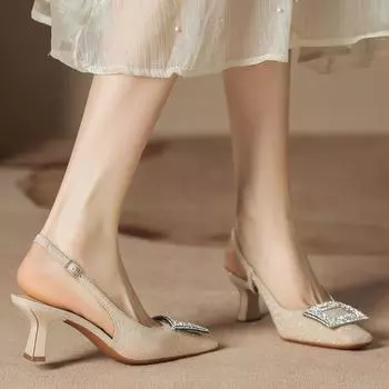 H838-9 sheepskin insole high heel sandals women s small square head thick heel summer sandals version bag head rear empty large rhinestone 34 чёрный