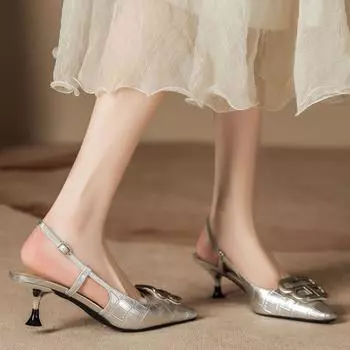 H859-5 New silver high-heeled sandals large metal buckle sheepskin insole summer bag head sandals women s beautiful shoes women 34 чёрный