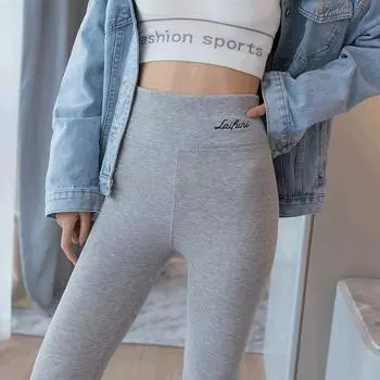 H888 Women s High Waist Gray Leggings: Slimming, Elastic Thin Tights with Embroidered Detail for Spring and Autumn Wear чёрный