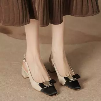 H899-2 босоножки на высоком каблуке в тон, с квадратной головкой, металлической пряжкой, женственные босоножки на толстом каблуке, пустые женские туфли с полукруглой головкой 34 чёрный