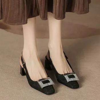 H899-5 золотая пудра специальные красивые босоножки на высоком каблуке женские полусумка голова назад пустые летние женские туфли овчина стелька большие стразы 34 чёрный