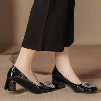 H923-10 серебристые туфли на высоком каблуке с квадратной головкой, женские туфли с толстым каблуком, лакированная кожа, короткий каблук, повседневная мода, универсальные, темпераментные, одинарные туфли 34 чёрный