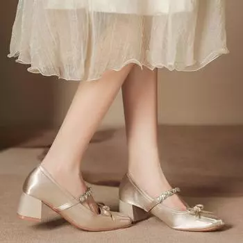 H923-11 Xiaoxiangfeng высокие каблуки женские высокого класса чувство летние толстые каблуки одинарные туфли квадратный носок бант долго стоять не устают 34 чёрный