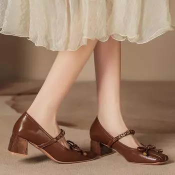 H923-12 Summer high heels women s high-end new thick heel single shoes square head bow fairy with skirt shoes 34 чёрный