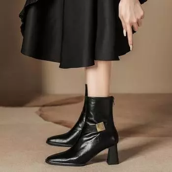 H9537-2 short boots women s 2024 new autumn and winter British style Martin boots thick heel rear zipper thin fashion single boots 35 чёрный