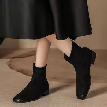 H957-1 Splicing small square head suede retro short boots women s autumn and winter versatile thin boots ankle boots low fashion boots 35 чёрный
