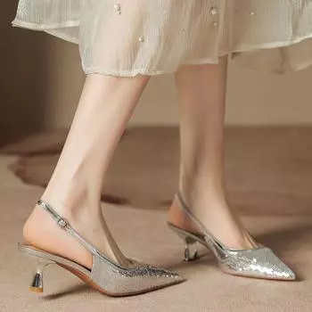 H963-6 серебристые босоножки на высоком каблуке новые полусумки с затылком пустые летние босоножки темперамент бисерная простыня стелька из овчины 34 чёрный