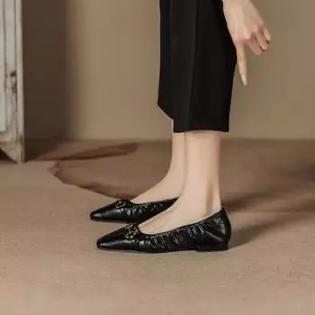 H967-1 black single shoes women s new low-heeled 2CM metal decorative buckle, shallow mouth elastic soft leather temperament women s heels 35 чёрный