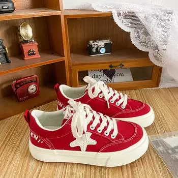 H983 звездные парусиновые туфли женские 2025 новые весенне-осенние универсальные туфли ulzzang ins tide с нишевым дизайном на плоской подошве 35 красный