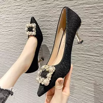 H9883-6 rhinestone pearl square buckle single shoes women s new black etiquette shoes girl pointed high heels 34