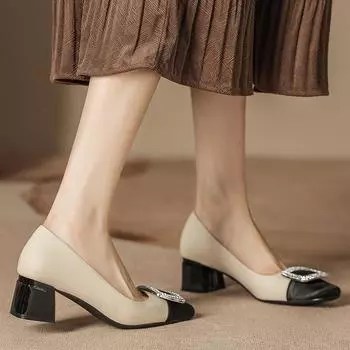 H988-22 square head color matching high heels women s large rhinestone buckle decoration thick heel Internet celebrity women s shoes sheepskin ins 34 чёрный