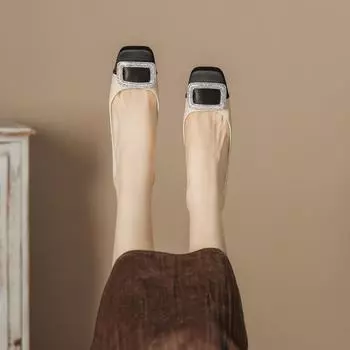 H988-22 туфли на высоком каблуке с квадратным носком, в цветовой гамме, женские, с крупной декоративной пряжкой со стразами, на толстом каблуке, женская обувь, стельки из овчины, туфли-лодочки 34 чёрный