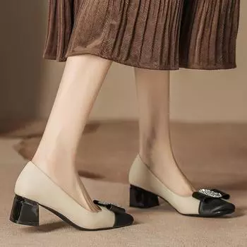 H988-25 туфли на высоком каблуке, подходящие по цвету, женские туфли для интернет-знаменитостей, ведущих прямые трансляции, весна 2024, новые туфли с квадратной головкой и толстым каблуком, легкие, роскошные, петь 34 чёрный