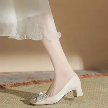 H988-7 shallow high heels women s large rhinestone bow shallow mouth French temperament women s shoes square head thick heel single shoes women 34 чёрный