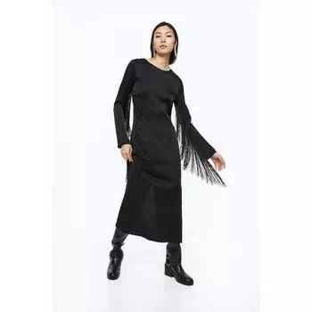 H&M атласное платье с бахромой, черное 1125215001