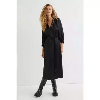 H&M атласное платье с поясом, черное 1048879001