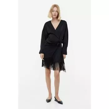H&M атласное платье с запахом и бахромой, черное 1182654002