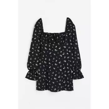 H M crepe puff sleeve dress black small flower