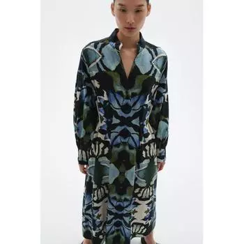 H M Fitted Waist Shirt Dress Dark Green Patterned