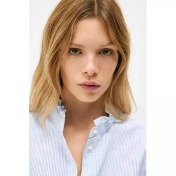 H M Frill Trim Oxford Blouse Light Blue Stripe