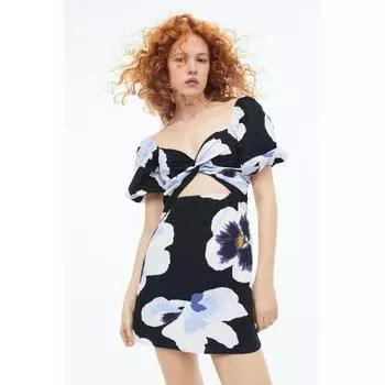 H&M Knot detail linen blend dress black floral 1147378001