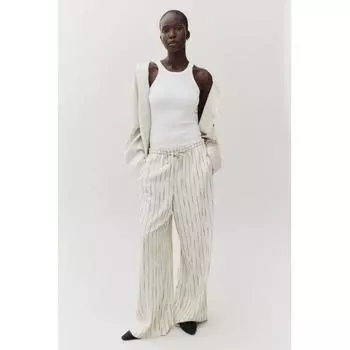 H M Linen Blend Wide Pants Light Beige Stripe