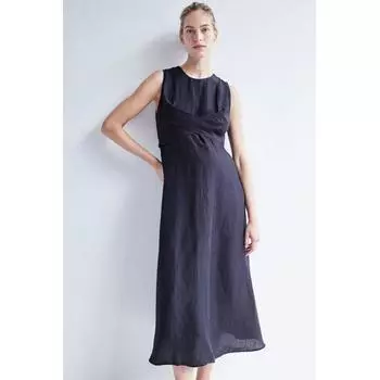 H M MAMA Linen Blend Dress Navy Blue