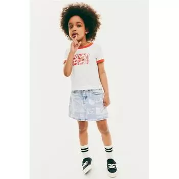 H M Patterned Denim Skirt Light Denim Blue