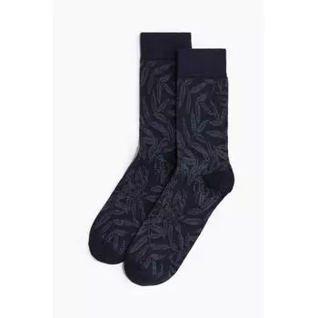 H M Patterned Socks Navy Blue Leaves