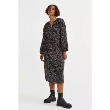 H&M платье с объемными рукавами черное с цветочным принтом 1087843001