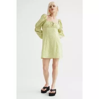 H&M платье с объемными рукавами светло-желтое с цветочным принтом 1081263002