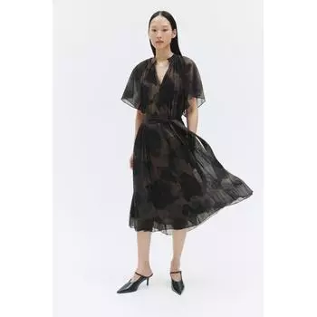 H M pleated belted dress black floral