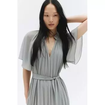 H M Pleated Belted Dress Grey