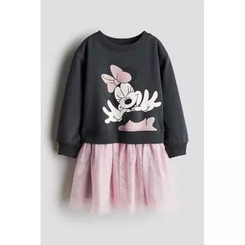 H M Printed Sweat Tulle Dress Dark Grey Minnie Mouse