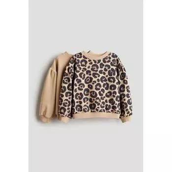 H M Puff Sleeve Sweatshirt 2 Piece Set Beige Leopard Print
